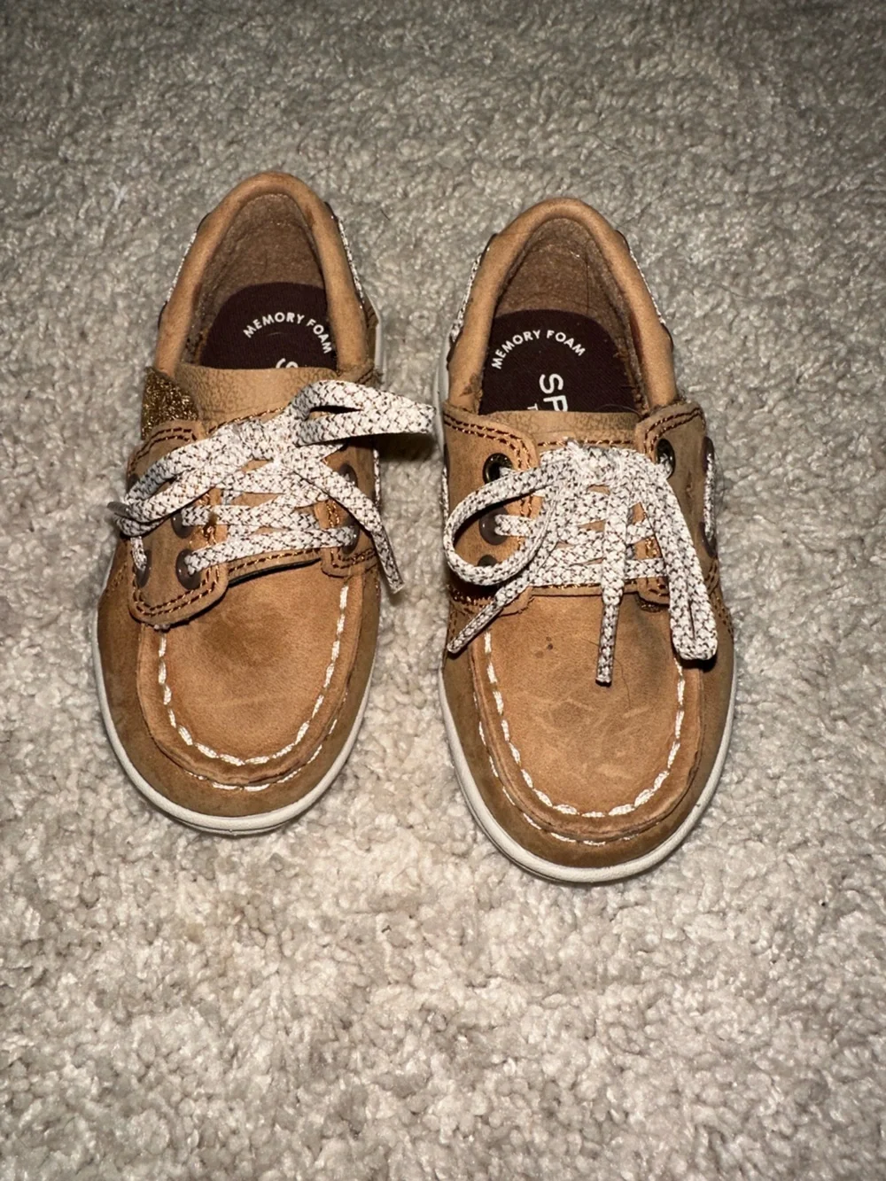 Sperry Kids Tan Moccasin Boat Shoes with White Patterned Laces